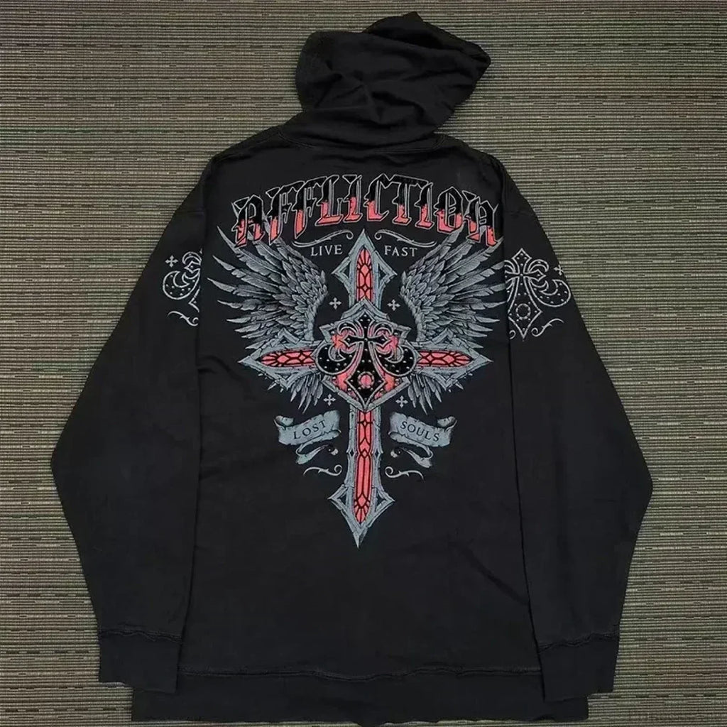 Washed Gothic Letter Zipper Hoodie