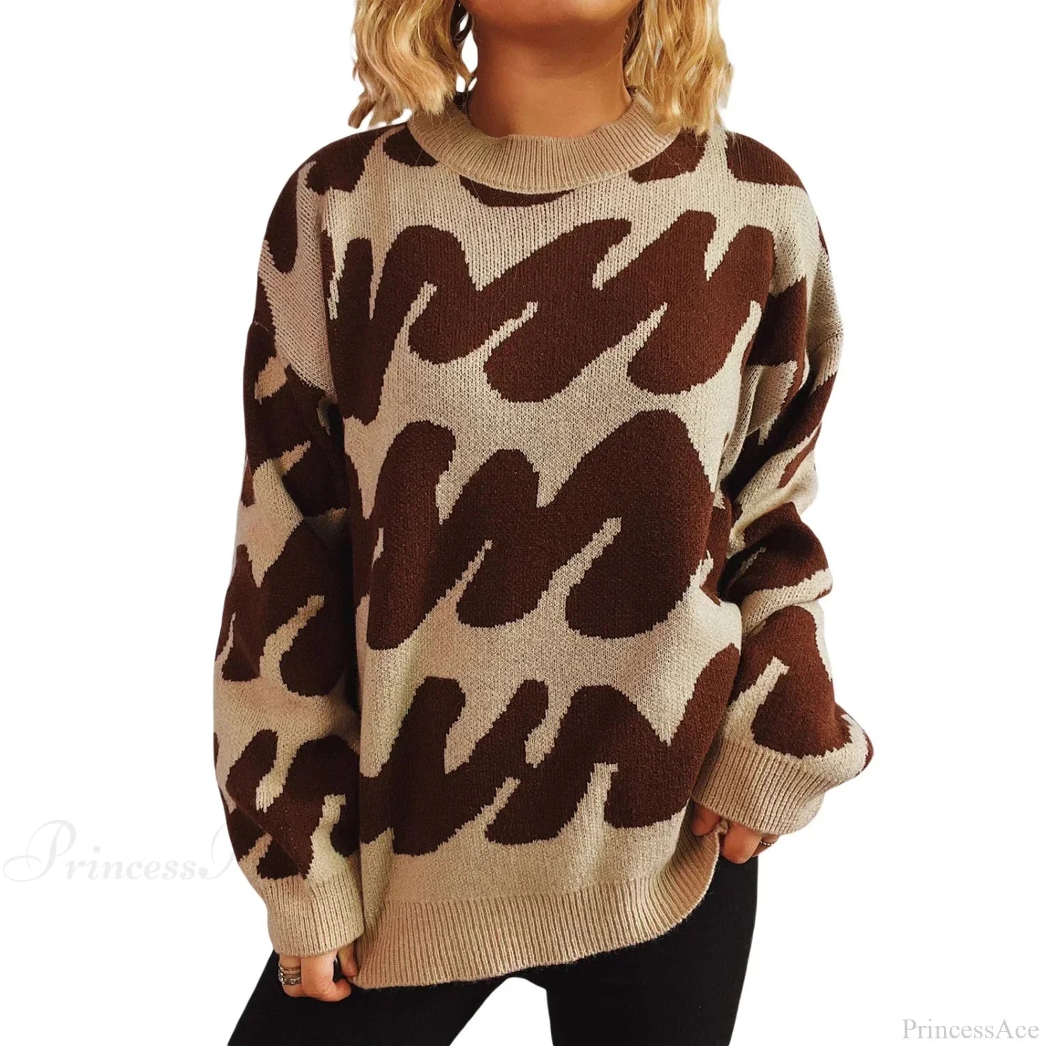 Wave Stripe Print Crew Neck Warm Sweater