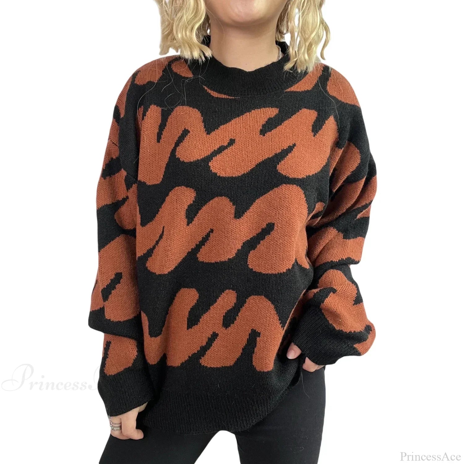 Wave Stripe Print Crew Neck Warm Sweater