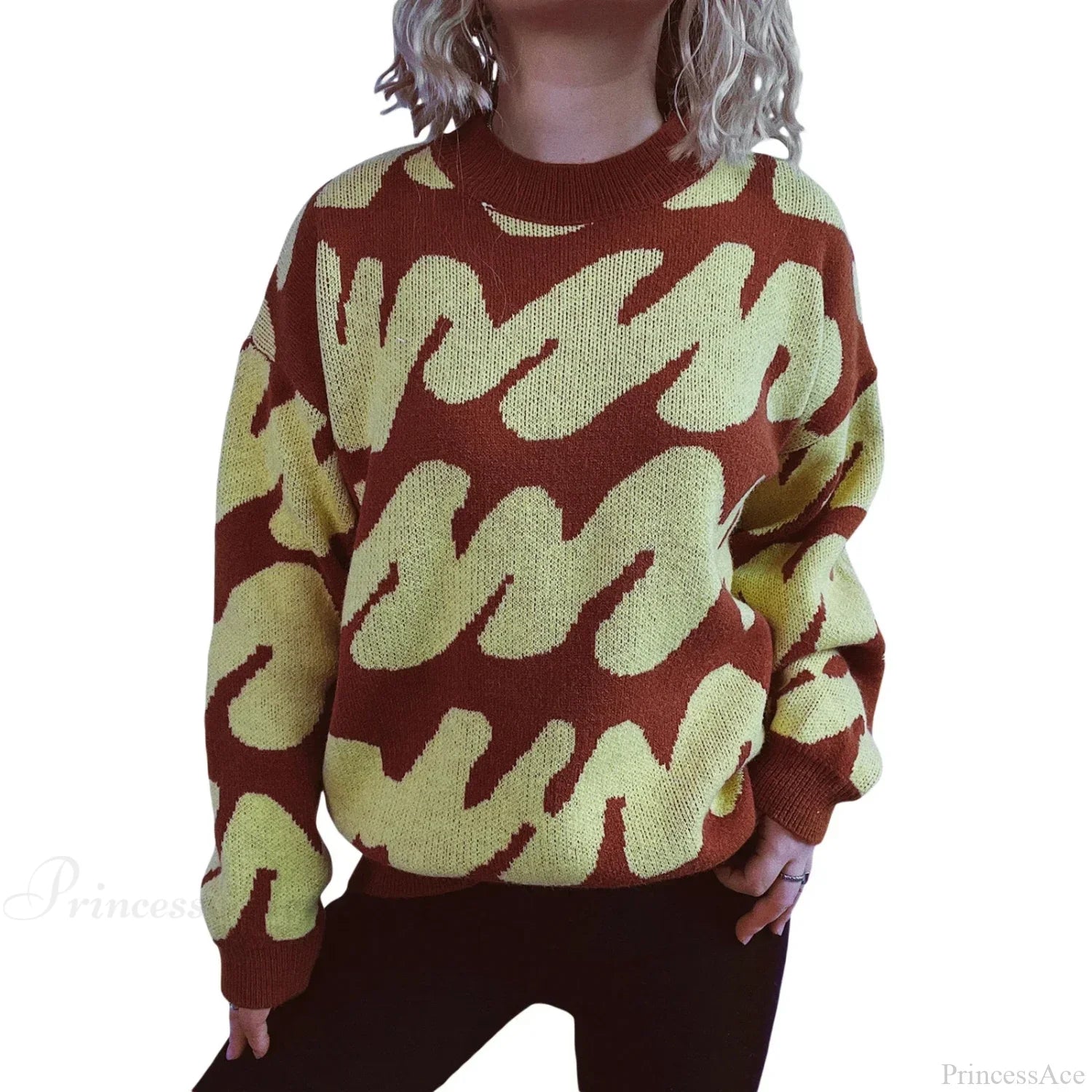 Wave Stripe Print Crew Neck Warm Sweater