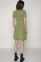 Wavy V Neck Half Button Short Sleeve Summer Sweater Mini Dress - Green