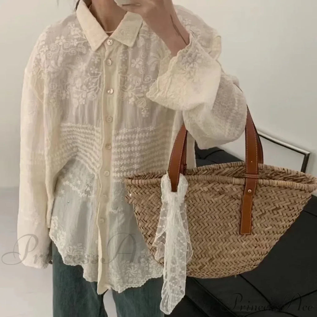 White Cotton Embroidery Lace Long Sleeve Boho Beach Blouse