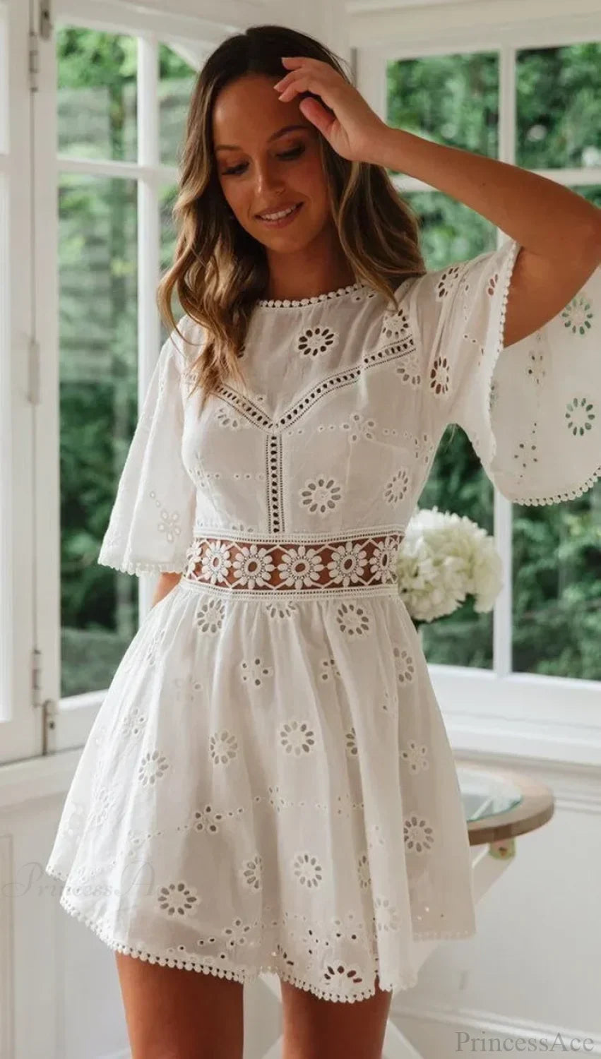 White Cotton Half Sleeve Sexy Backless Hollow Out Mini Boho Dress