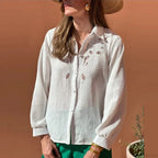 White Cotton Linen Lace Floral Embroidery Boho Blouse