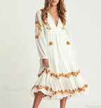 White Deep V Neck Long Sleeve Dress