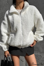 White Fleece Collared Warm Commute Coat