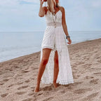 White Hollow Out Lace Strapless Sexy Split Midi Boho Dress