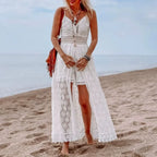 White Hollow Out Lace Strapless Sexy Split Midi Boho Dress