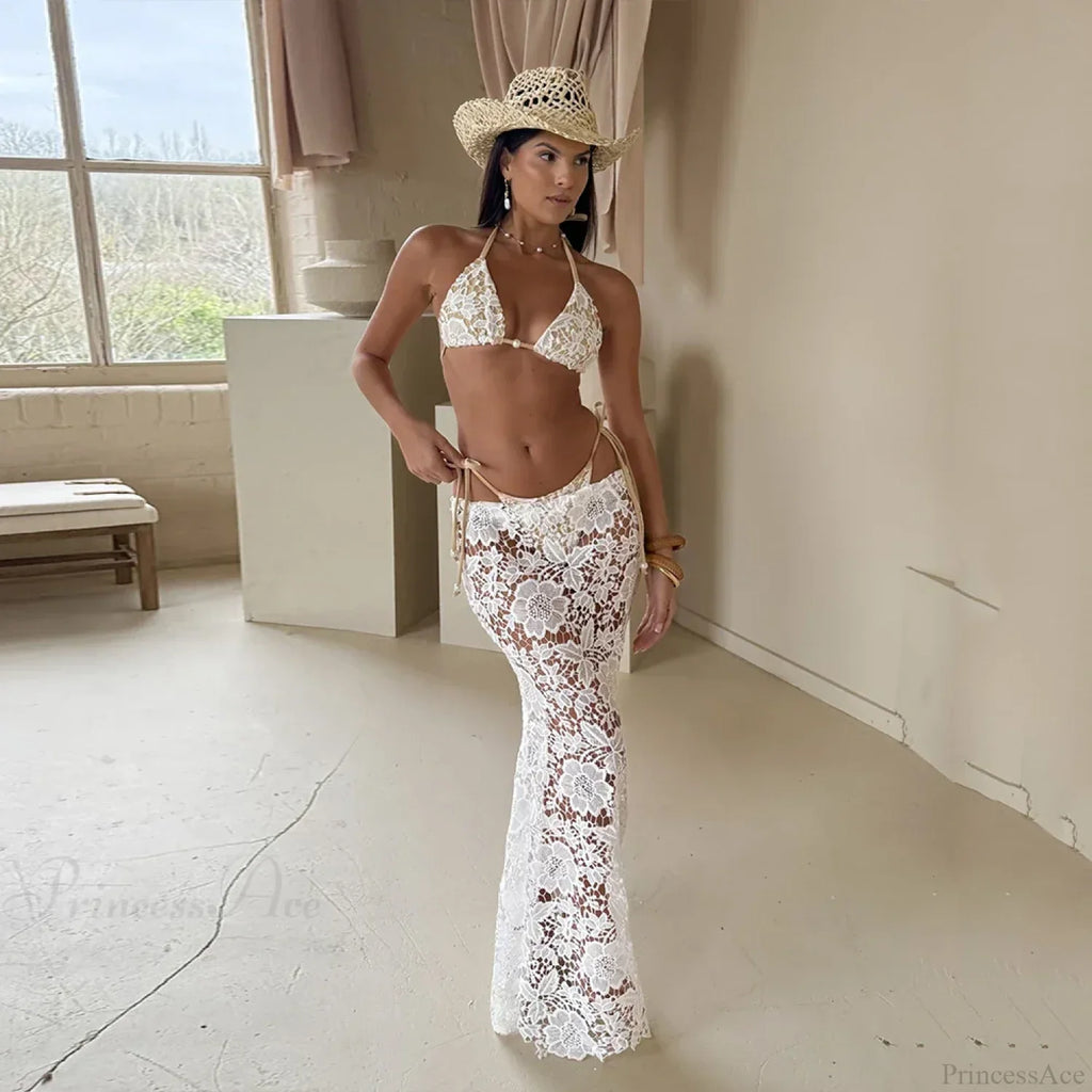 White Lace Sarong Three Piece Swimsuit