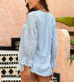 White Long Sleeve Lace Oversize V-Neck Boho Blouse