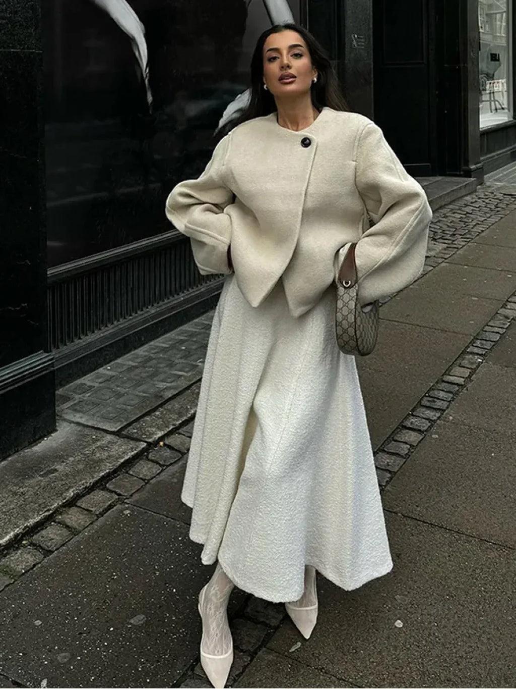 White Long Sleeve Woolen Coat