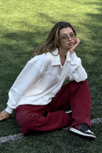 White Loose Top Elastic Red Pants Two Piece Set