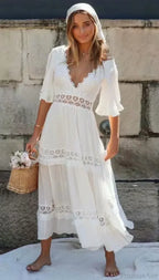 White Maxi Dress Hollow Waist Deep V-neck Dress