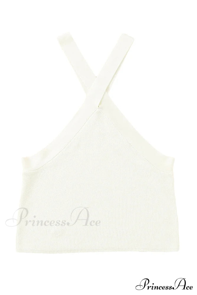 White Neck Knit Ribbed Halter Tank Cross Criss Top