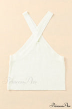 White Neck Knit Ribbed Halter Tank Cross Criss Top