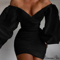 White Off Shoulder Puff Long Sleeve Satin Dress