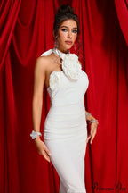 White Ribbon Floral Halter Long Party Dress