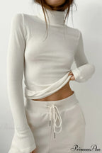 White Turtleneck Slim Knit Long Sleeve Tee