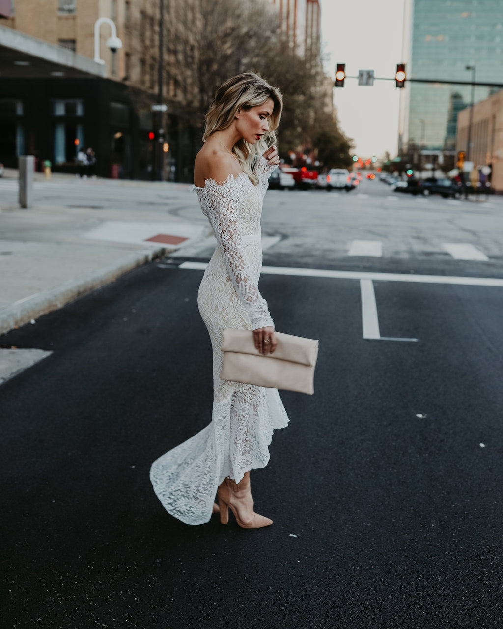 Elegance Lace Trumpet Dress White