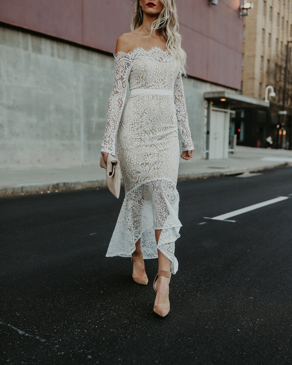 Elegance Lace Trumpet Dress White