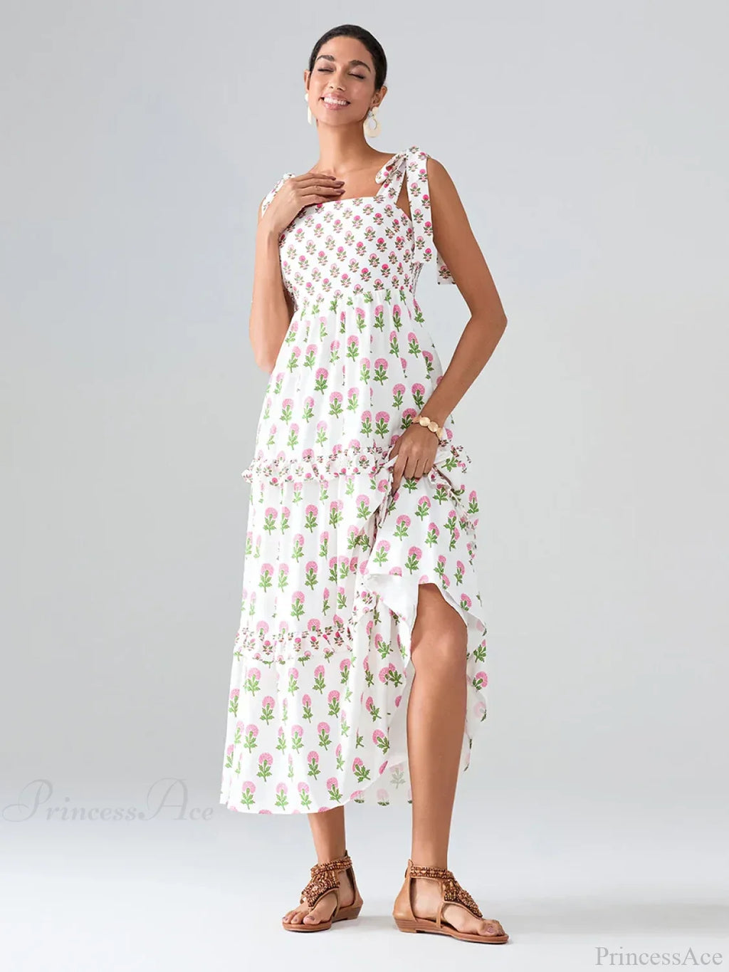 Wide Straps Flowy Floral Bohemian Beach Frill Trim Square Neck A-Line Dress