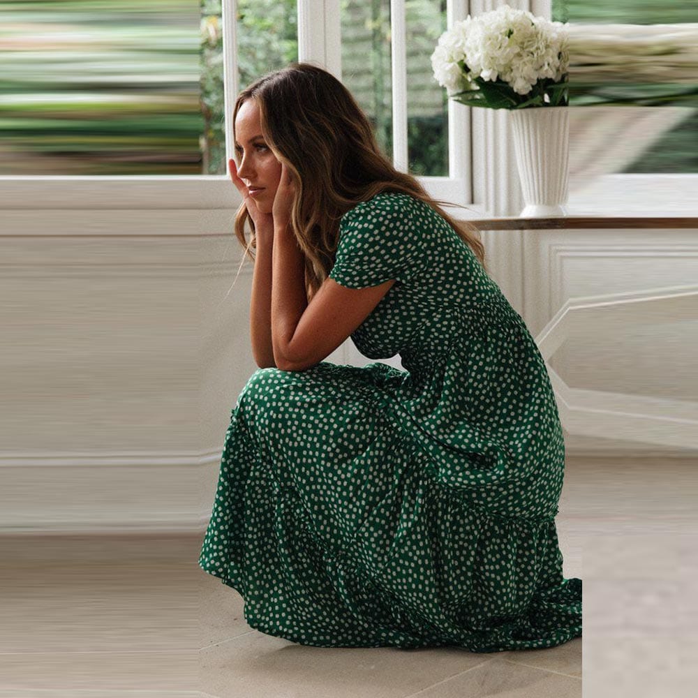 Yasmina Chic Bohemian Green Midi Dress with Puff Sleeves Premium Wardrobe Essential