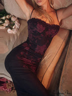 Wine Red Summer Sleeveless Lace Floral Print Backless Slim Ankle-Length Elegant Party Bodycon Dress