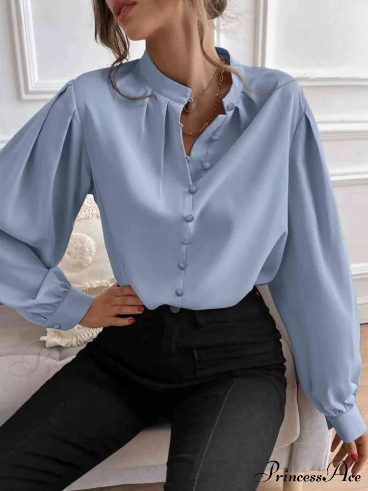 with Blouse Long Front Arm Button Mock Neck