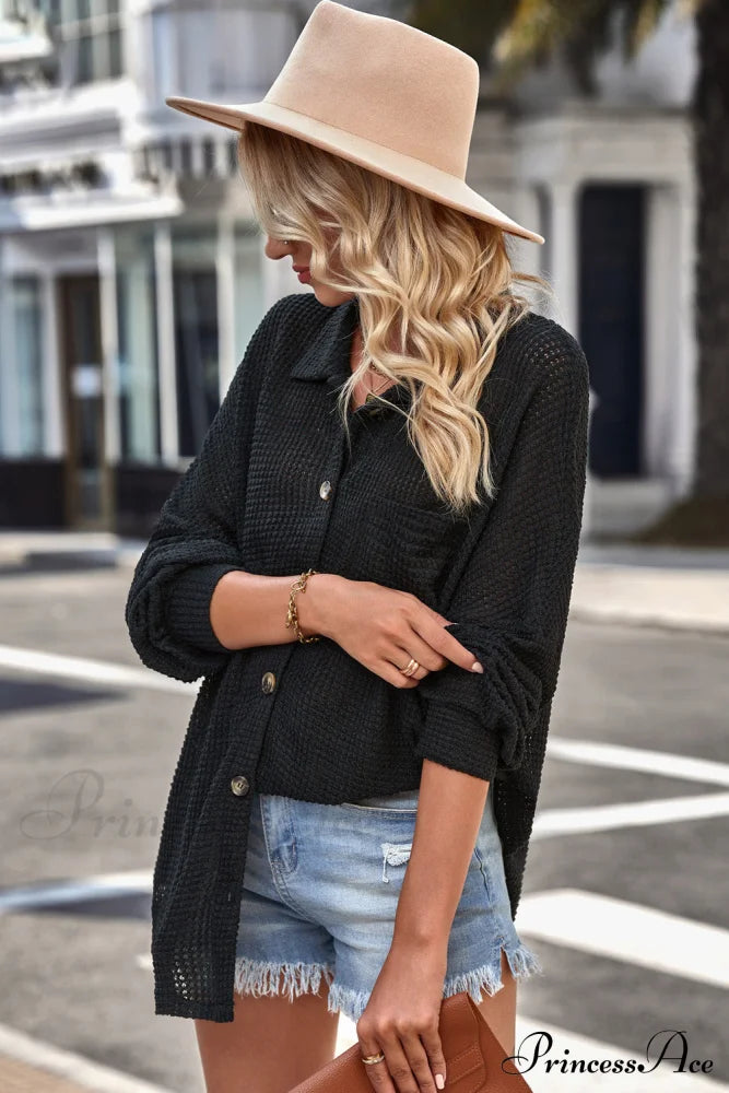 with Blouse Waffle-Knit Dropped Neck Collared Shoulder