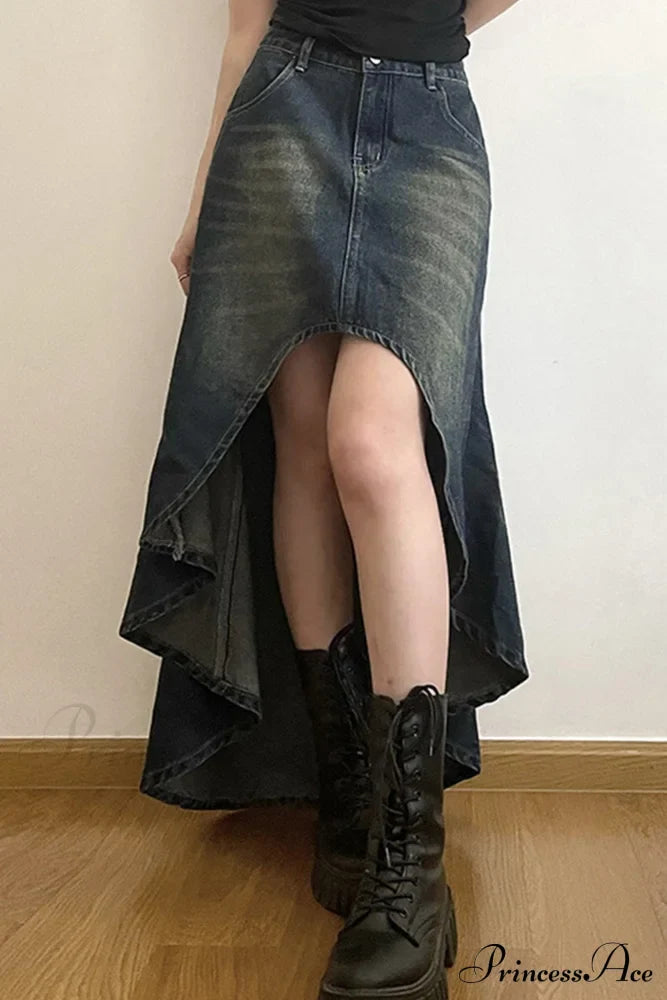 Distressed High Rise Denim Skirt
