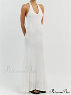 Women Bodycon Solid Deep V Neck Halter Sleeveless Backless Knitted Summer Holiday Beach Vestido