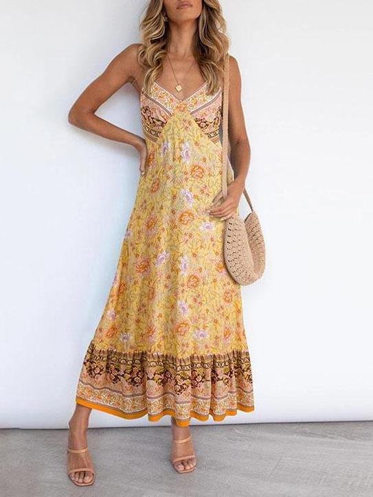 Deep V Neck Sling Floral Print Dress