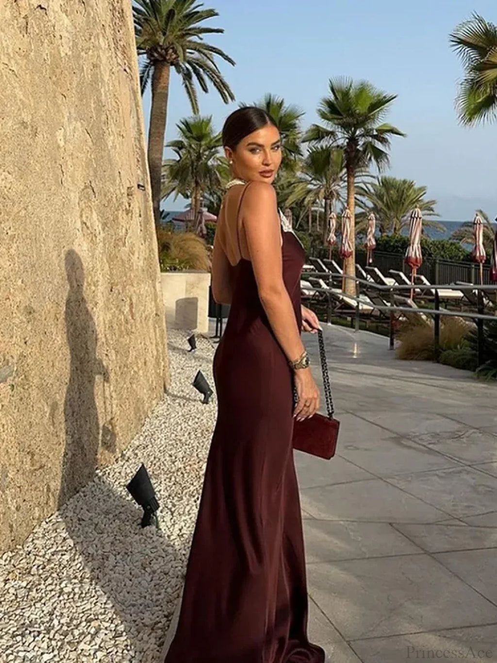 Women Chic Elegant Solid Spliced Lace Midi Sling Backless Party Dress