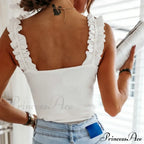 Women Collar Solid Knit Casual Basic Summer Ribbed Slim Ruffless Tank top