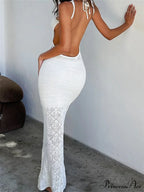 Women Crochet Knitted Hollow Out Backless Spaghetti Strap Halter Lace-up Beachwear Female Vestidos