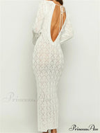 Women Crochet Knitted Sleeve Hollow Out V-neck Backless Lace-up Beach Cover Ups Summer Vestidos