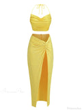 Women Diamonds 2 Piece Set Swinging Collar Crop Tops Long Skirts Party Dress