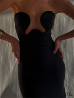 Women Elegant Low Cut Black Solid Sleeveless Satrpless Off Shoulder Push Up High Split Vestidos Party