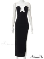 Women Elegant Low Cut Black Solid Sleeveless Satrpless Off Shoulder Push Up High Split Vestidos Party