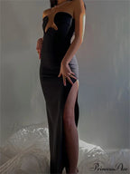 Women Elegant Low Cut Black Solid Sleeveless Satrpless Off Shoulder Push Up High Split Vestidos Party