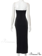 Women Elegant Low Cut Black Solid Sleeveless Satrpless Off Shoulder Push Up High Split Vestidos Party