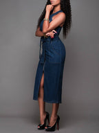 Women Elegant Sleeveless Denim Jean Dress with Zipper Belt