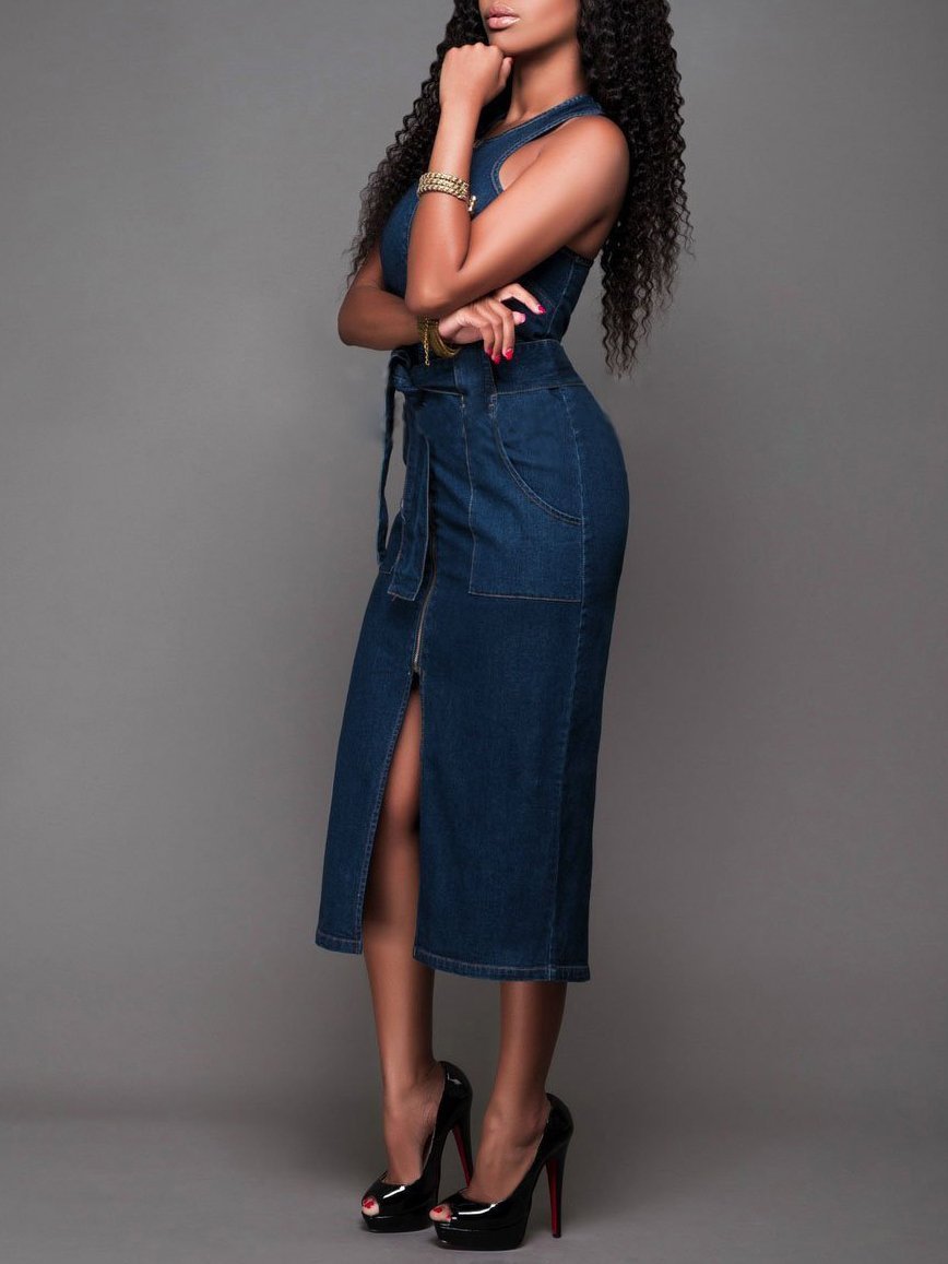 Women Elegant Sleeveless Denim Jean Dress with Zipper Belt