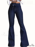 Women Fashion Blue Denim High-Stretch Bell Bottom Legs Denim Pants Women Solid Color High Waist Flare Jeans