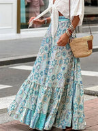 Women Flowy Boho Skirt Printed Ruffled Hem Summer Vacation Club Skirt