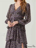 Women High Split Floral Print Puff Sleeve V Neck Layered Ruffles Hem Spring Fall Vestidos