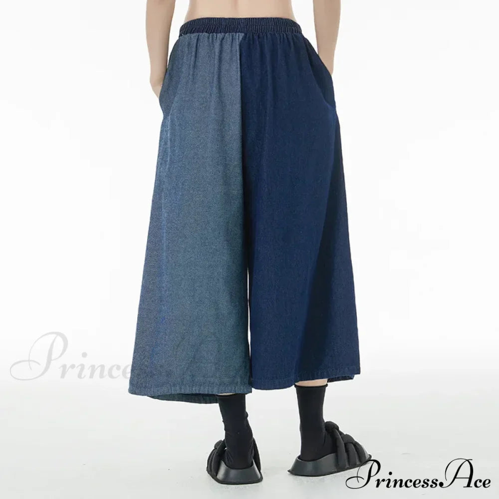 Women Patchwork Casual Denim High Elastic Waist Personality Fashion Loose Wide Leg Korea Spring Autumn New Jean