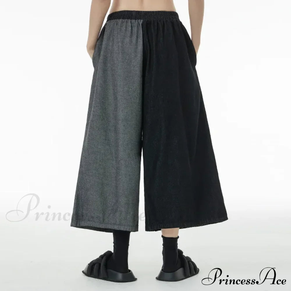 Women Patchwork Casual Denim High Elastic Waist Personality Fashion Loose Wide Leg Korea Spring Autumn New Jean