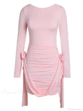 Women Pink 3D Floral Draped Mini Bodycon Dress Long Sleeves Party Dress