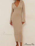 Women Ribbed Knitted   Flare Sleeve Lapel Solid Color Bodycon Party Going Out Female Vestido